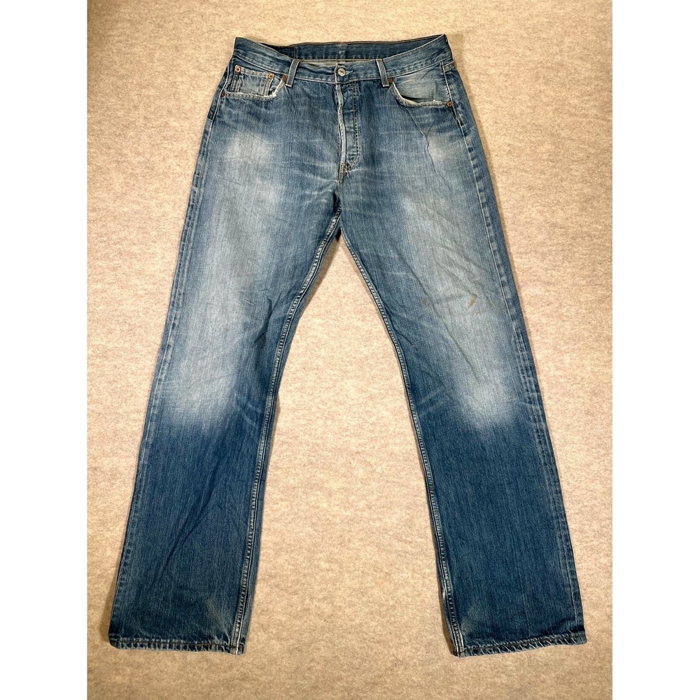 Levis 501 Original Fit Jeans Mens 36x36 Blue Whiskered Denim Straight Leg Cotton